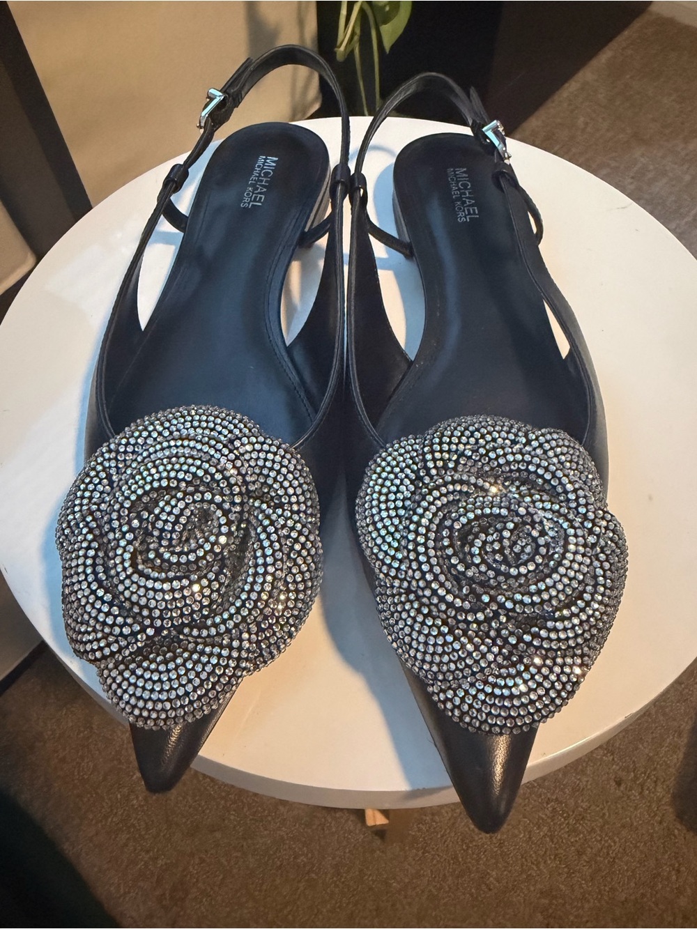 Michael Kors Black Pointed Slingback Flats with Crystal Rose Medallions